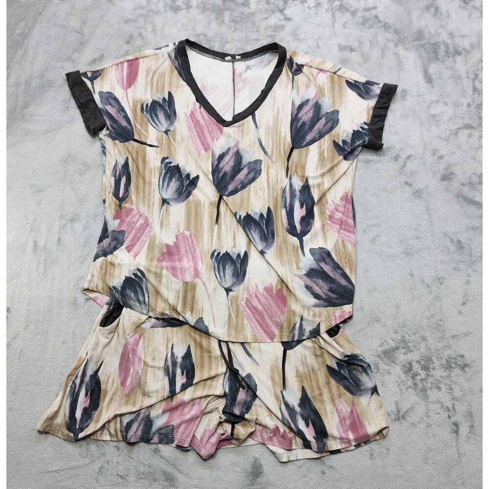 Egs‎ by Eloges Shorts Set Womens 1XL Charcoal Pink Tulip Floral 2 PC V-Neck Top
